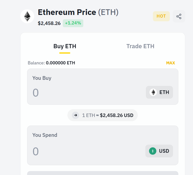 Buy / swap ETH screen