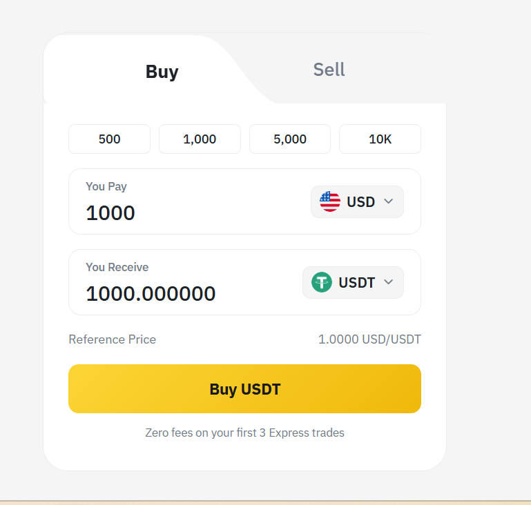 Express buy USDT screen