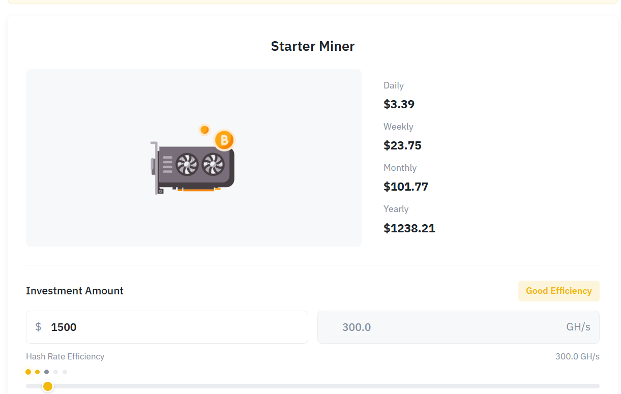 Starter Miner investment calculator